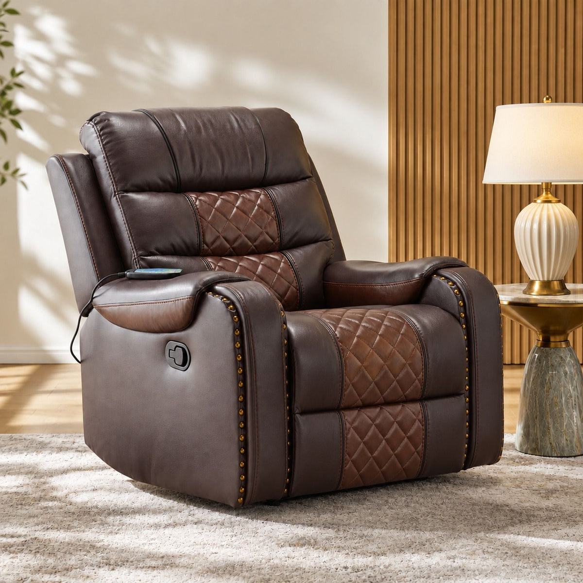 Brown heated massage recliner with quilted seat and back in relaxed position