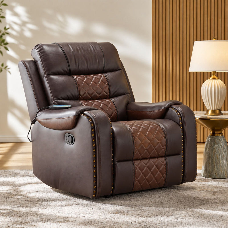Brown heated massage recliner with quilted seat and back in relaxed position