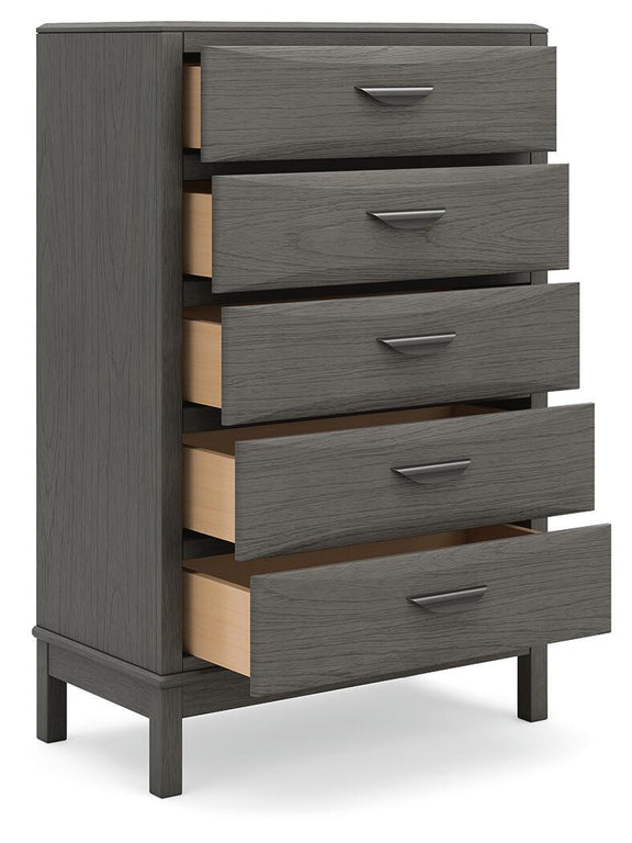 Gray five-drawer chest with open drawers, light wood interiors, and bar handles