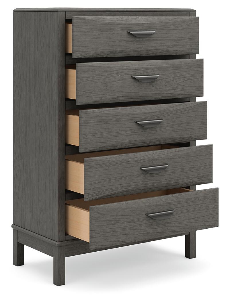 Gray five-drawer chest with open drawers, light wood interiors, and bar handles