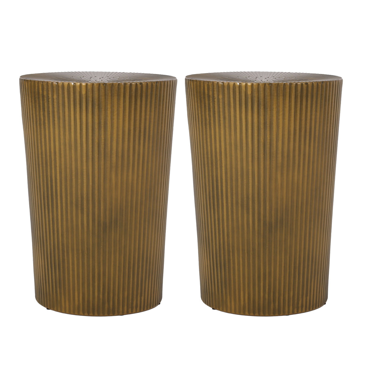 Set of 2 gold ribbed cylindrical side tables with round tops