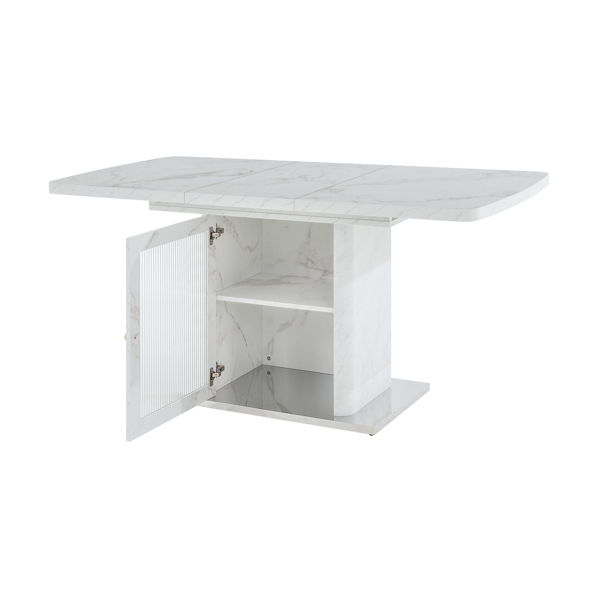 White rectangular dining table with marble-look top and open side storage cabinet