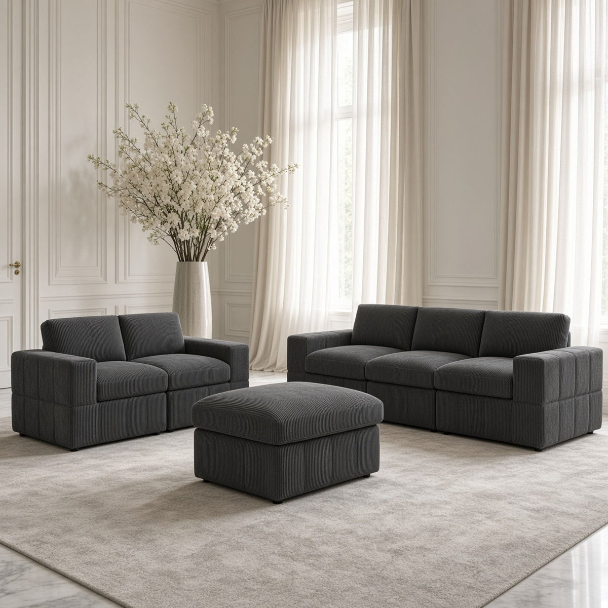 Dark gray modular sectional sofa set with loveseat and ottoman, square ottoman