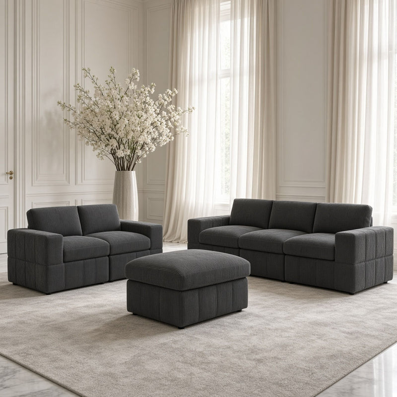 Dark gray modular sectional sofa set with loveseat and ottoman, square ottoman