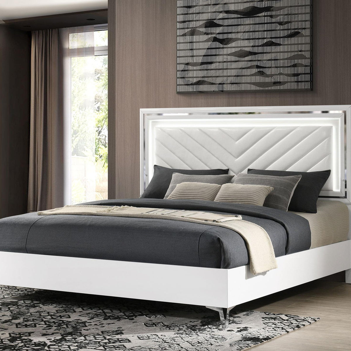 Cassia Eastern King LED Panel Bed White High Gloss
