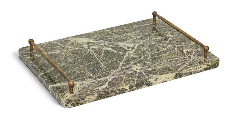 Green marble serving tray with corner metal posts and light vein lines
