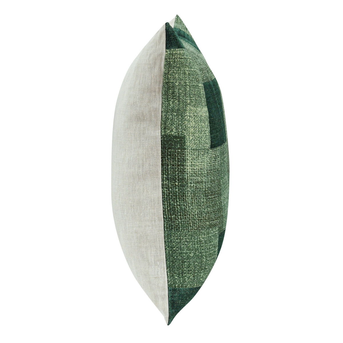 Folded throw pillow showing white side and green vertical patch stripe, textured fabric