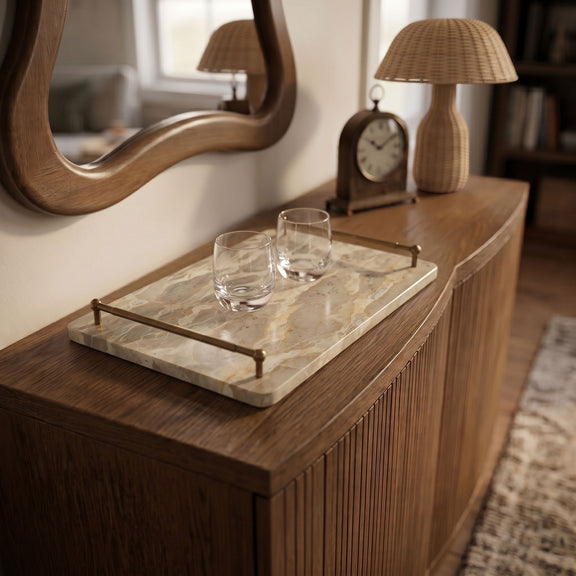 Light beige marble serving tray with brass corner handles and two clear glasses.