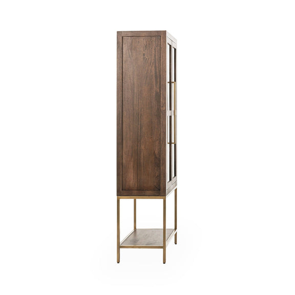 Solid wood tall cabinet side view with open shelf base and brass hardware, dark brown