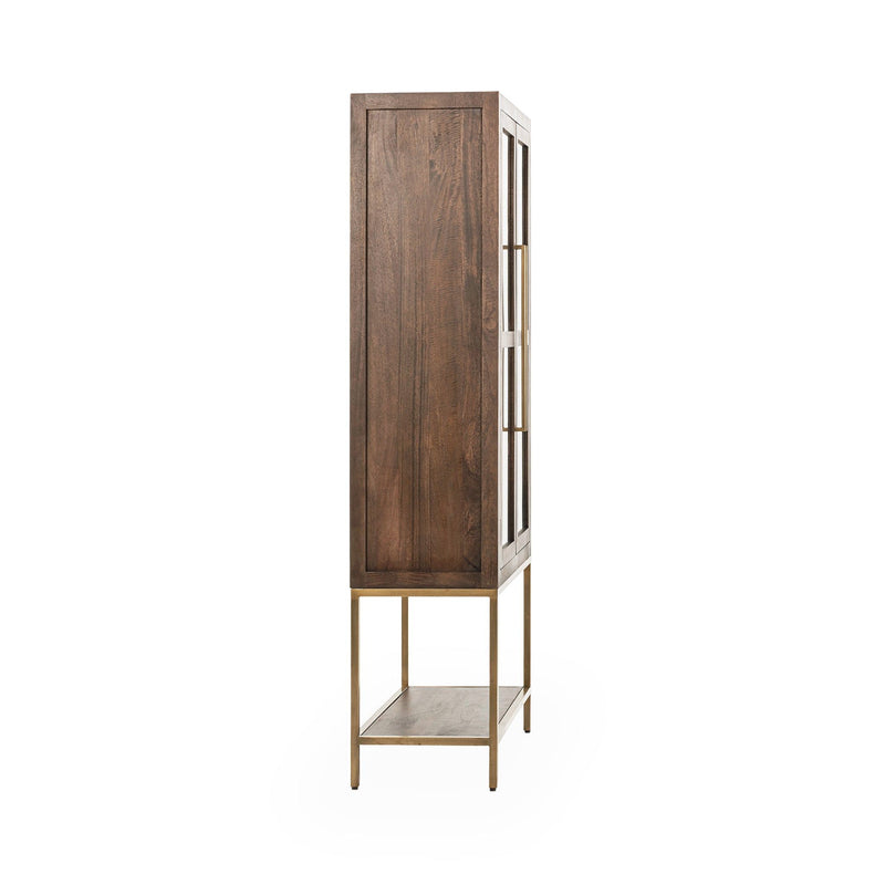 Solid wood tall cabinet side view with open shelf base and brass hardware, dark brown