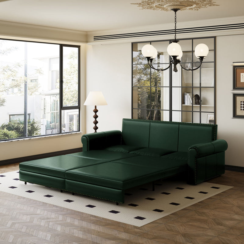 Dark green faux leather convertible sofa bed pulled out into a flat bed