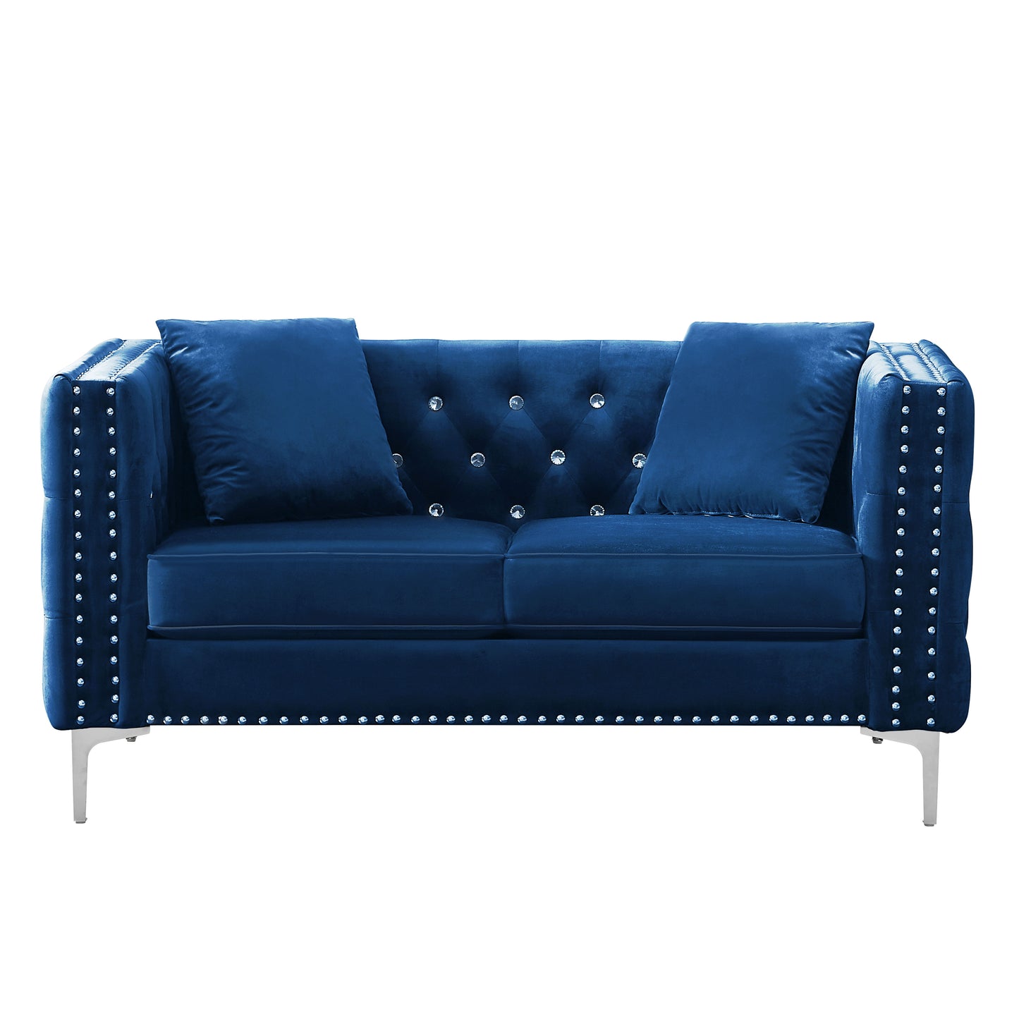 Wide Sofa With Jeweled Buttons Square Arm, 2 Pillows