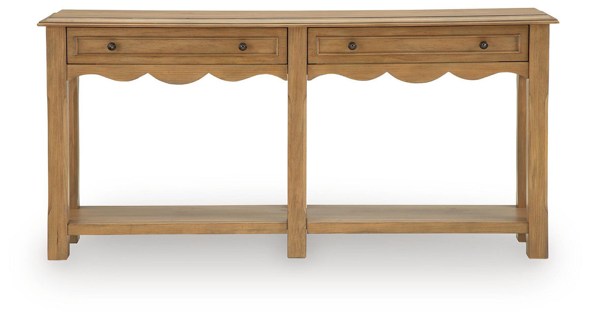 Light brown console sofa table with two drawers and two open lower shelves