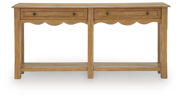 Light brown console sofa table with two drawers and two open lower shelves