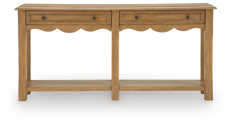 Light brown console sofa table with two drawers and two open lower shelves