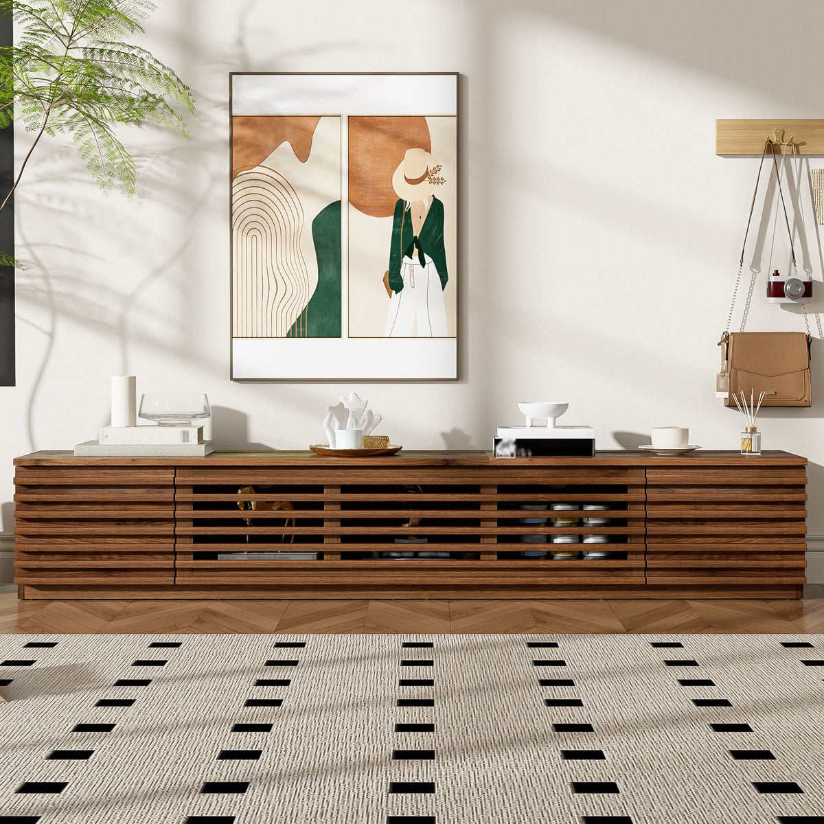 TV Stand For TVs, Entertainment Center With Cable Management And Soft Closing Hinges - Walnut