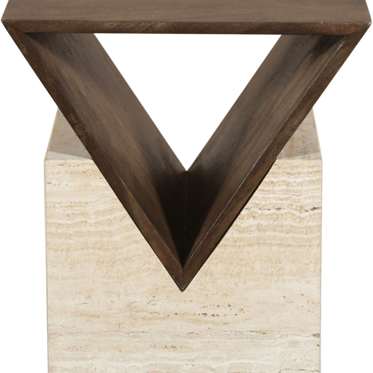 Opus - Travertine And Mango Wood End Table - Brown / Beige