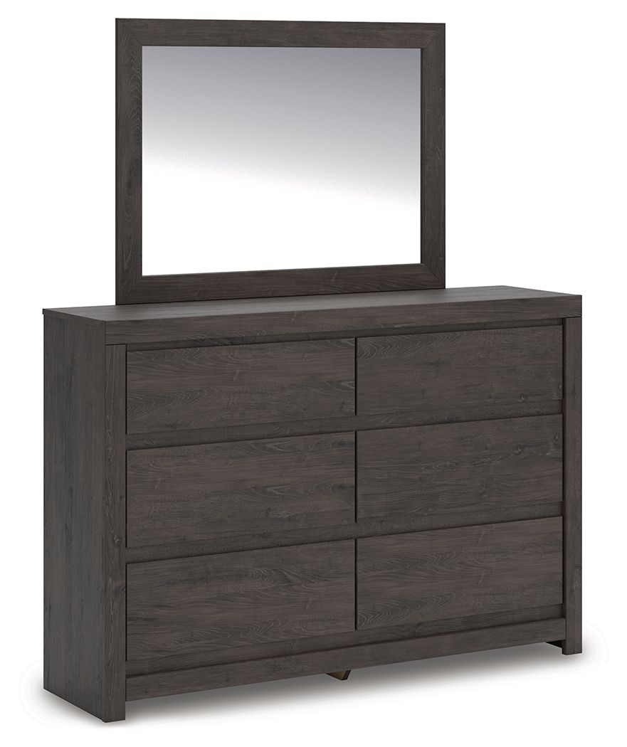 Charcoal dresser with rectangular mirror and six drawer fronts with panel detailing
