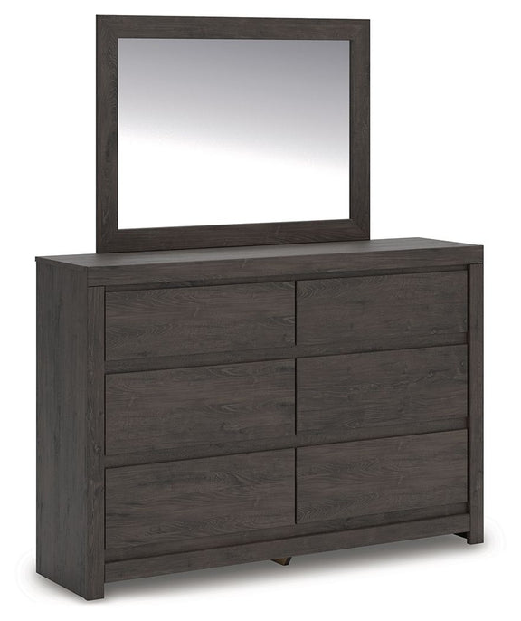 Charcoal dresser with rectangular mirror and six drawer fronts with panel detailing