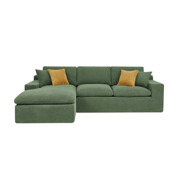 Dark green U-shaped sectional sofa with two seat cushions and mustard accent pillows