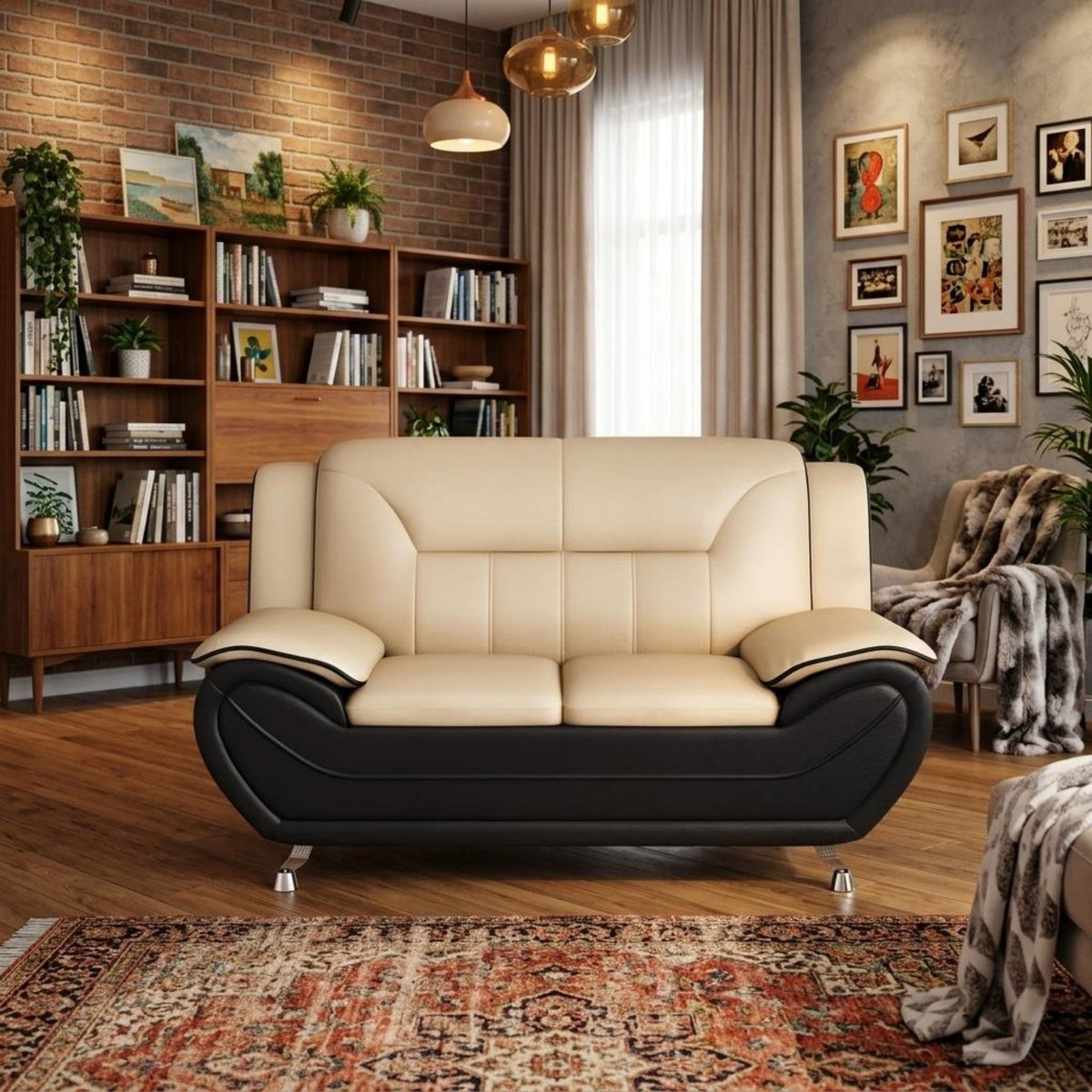 Camel-beige two-seat sofa with black base, padded arms, and stitched backrest