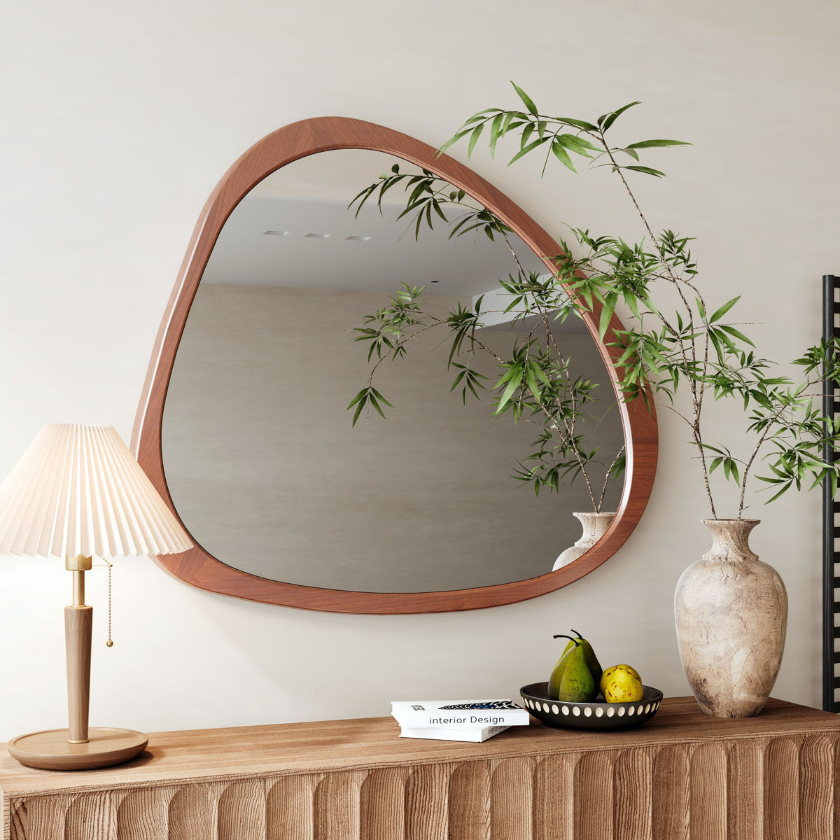 Asymmetrical Wall Mirror Wooden Framed Mirror Large Sized Dressing Mirror, For Living Room, Bedroom, Bathroom, Hallway Or Entry Way - Natural Wood