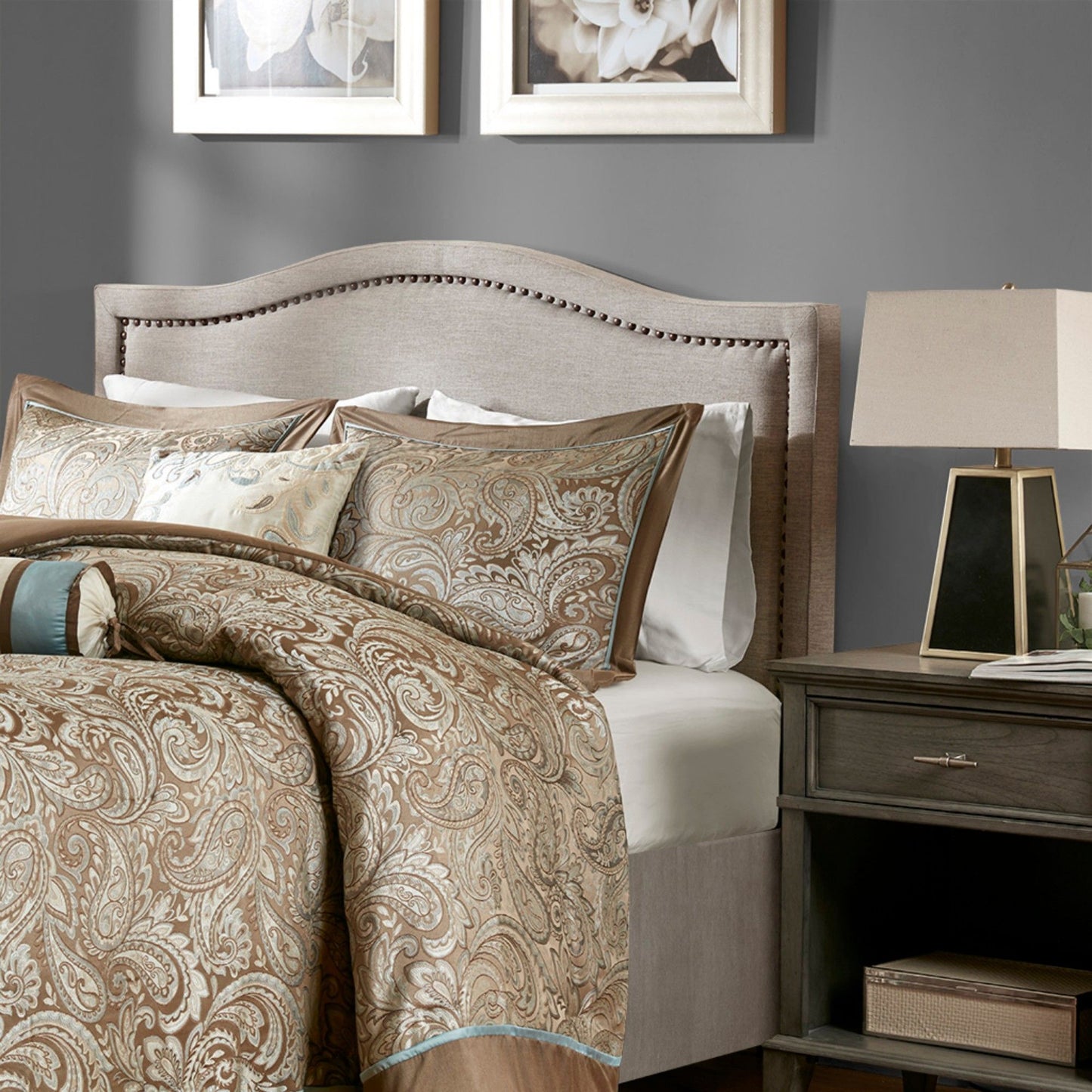 Upholstered Panel Headboard With Copper Nailheads And Adjustable Metal Legs