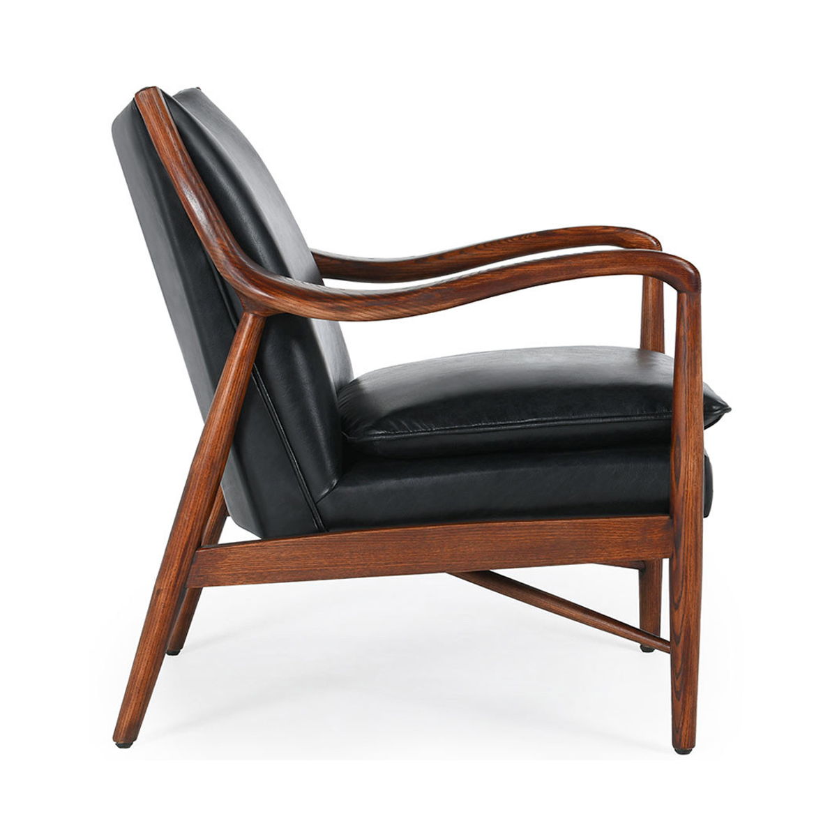 Black leather club chair with curved wooden arms and padded seat cushion