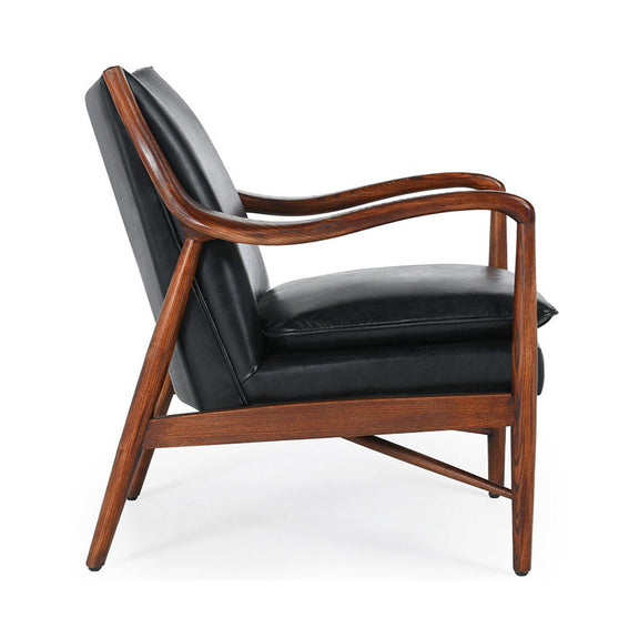 Black leather club chair with curved wooden arms and padded seat cushion