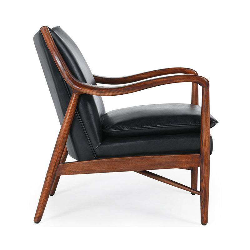 Black leather club chair with curved wooden arms and padded seat cushion