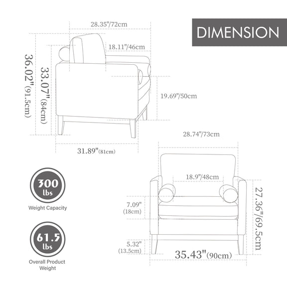 Chair dimension diagram with measurements, weight capacity, and overall product weight.