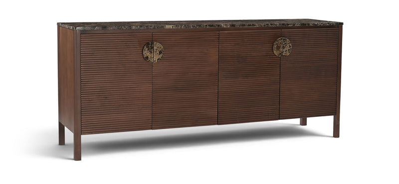 Varenna acacia wood sideboard, dark brown, 4-door cabinet with round handles