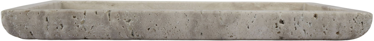 Round beige travertine tray with thick rim and natural speckled texture
