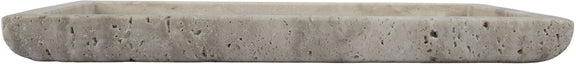 Round beige travertine tray with thick rim and natural speckled texture
