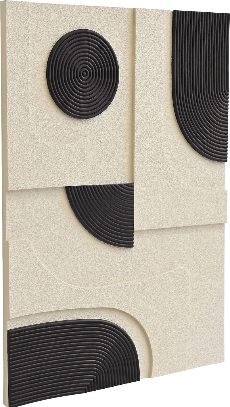 2-piece wall art with concentric dark wood-circle insets on textured light panels