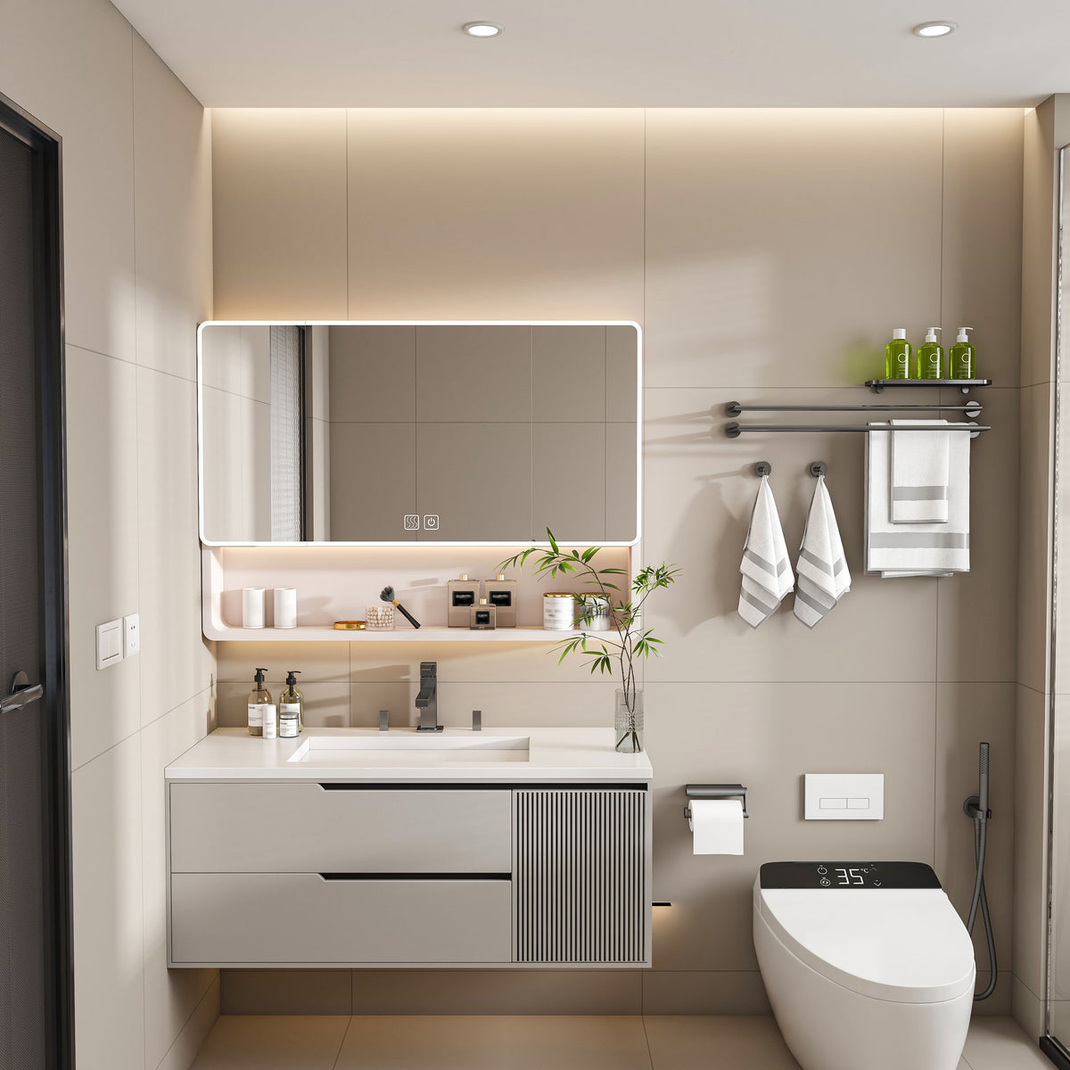 Aluminium Medicine Cabinet Mirror, With 3 Colors LED Light And Defogging Function - Khaki