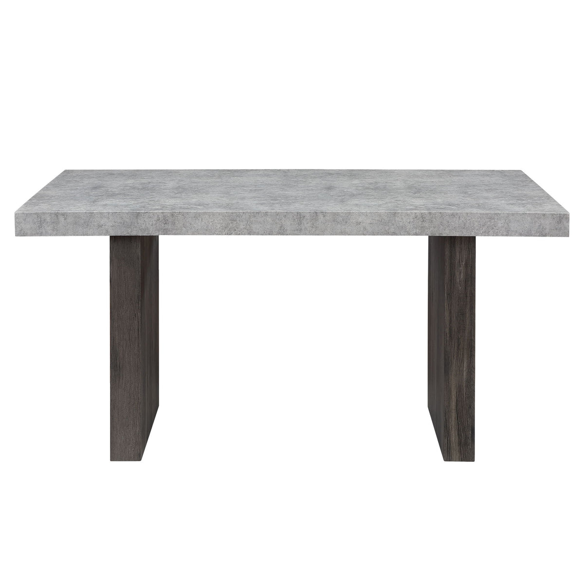 Gray rectangular dining table with thick slab top and dark wood legs