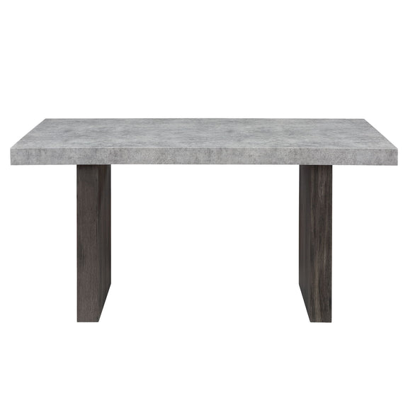 Gray rectangular dining table with thick slab top and dark wood legs