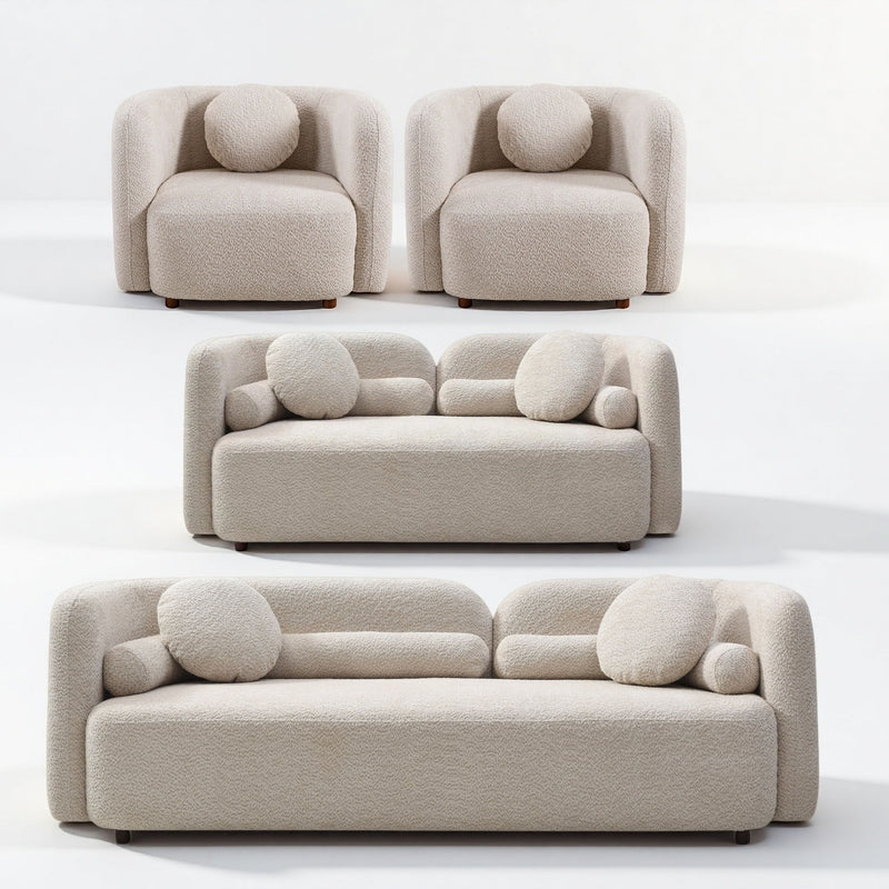 Beige upholstered sofa and loveseat with two armchairs, round accent cushions