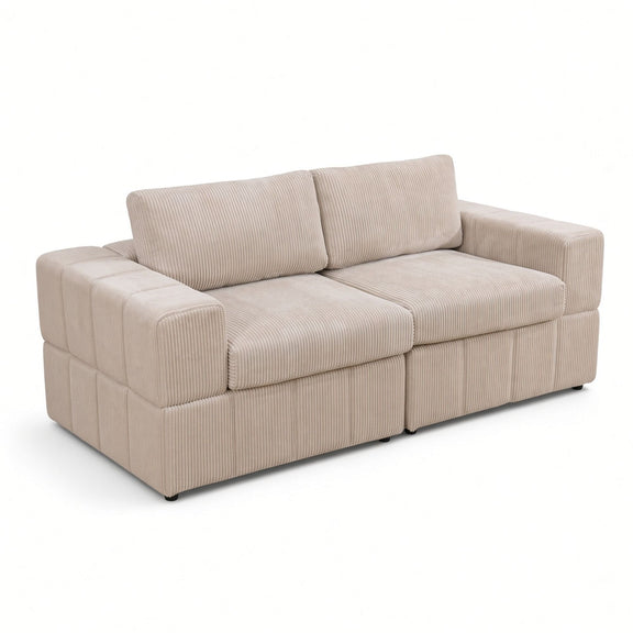 Beige modular loveseat with two seats, ribbed upholstery, and wide block arms