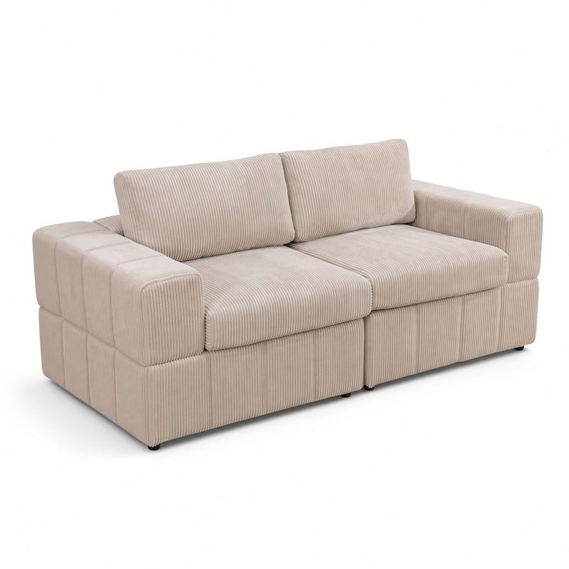 Beige modular loveseat with two seats, ribbed upholstery, and wide block arms