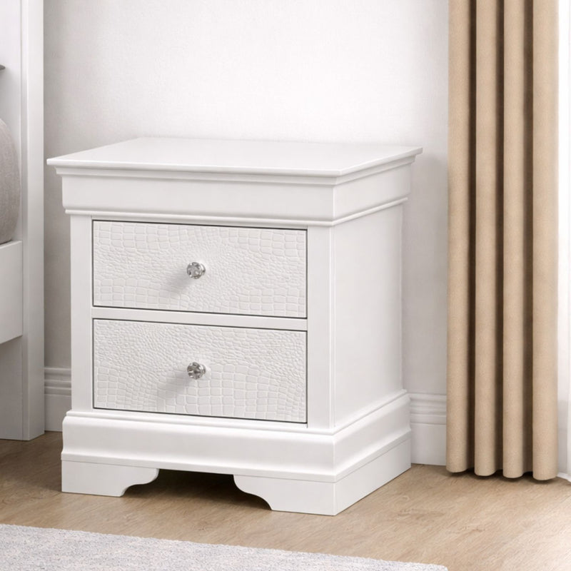 White 2-drawer nightstand with textured drawer fronts and round metal knobs