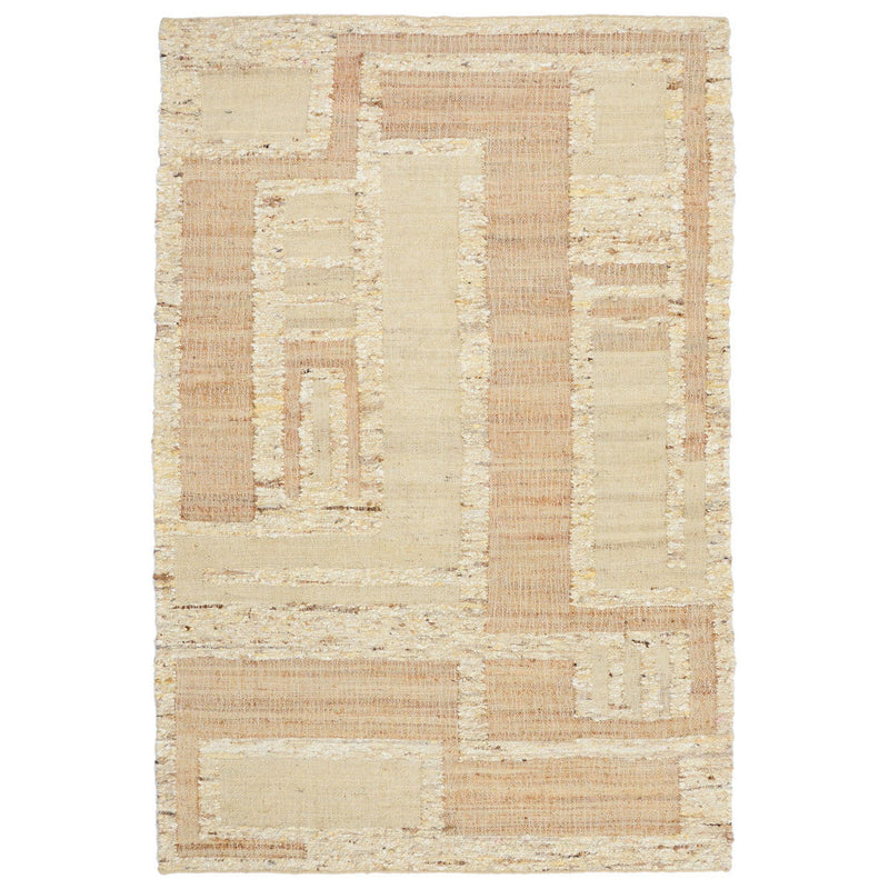 Beige natural rug with abstract geometric block design and textured flatwoven finish.