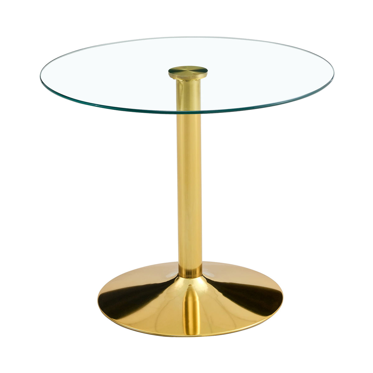 Round glass dining table with clear top and gold pedestal base