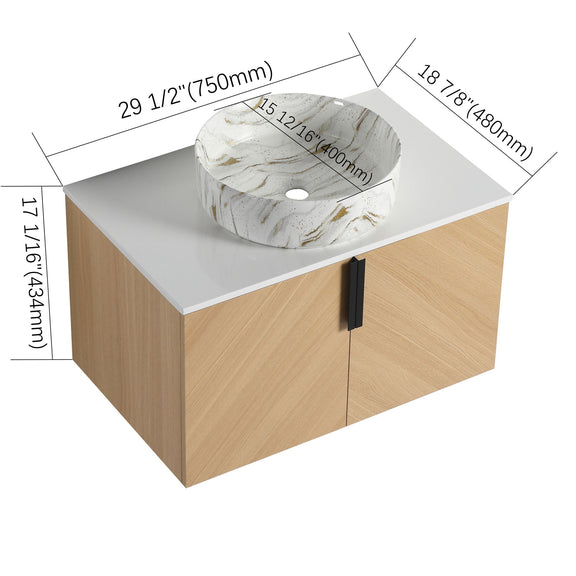 Wall-mounted bathroom vanity with white marbled round vessel sink, light wood cabinet with storage doors
