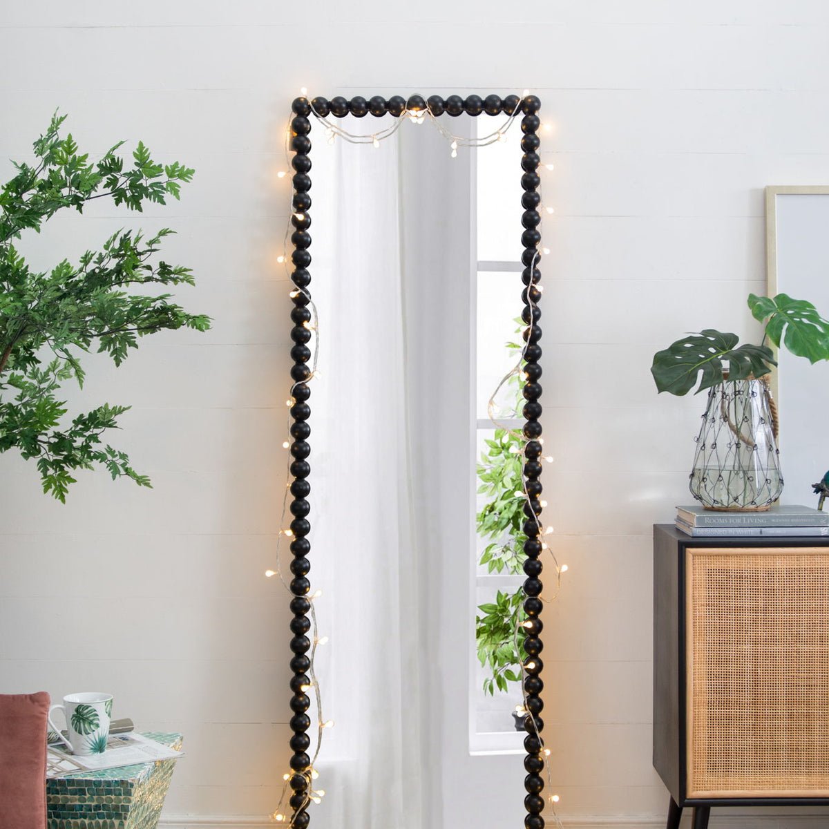 Full Length Mirror With Metal Beaded Frame, Rectangular Oversized Mirror For Living Room Bedroom - Black