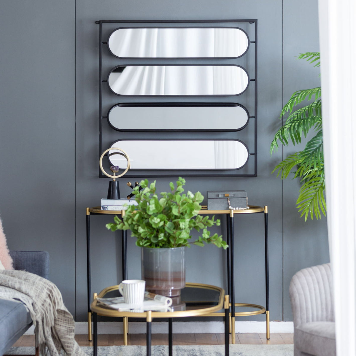 Large 4 Oval Wall Mirror With Square Frame, Home Decor For Living Room, Bedroom, Entryway, Office - Black