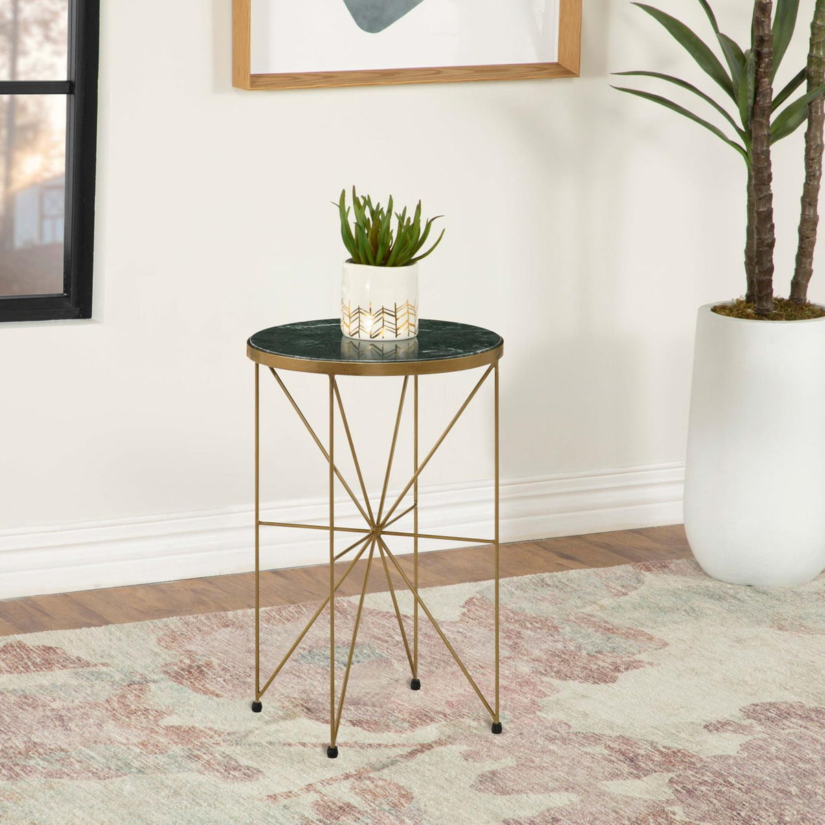 Eliska Round Green Marble Top Accent Side Table Antique Gold