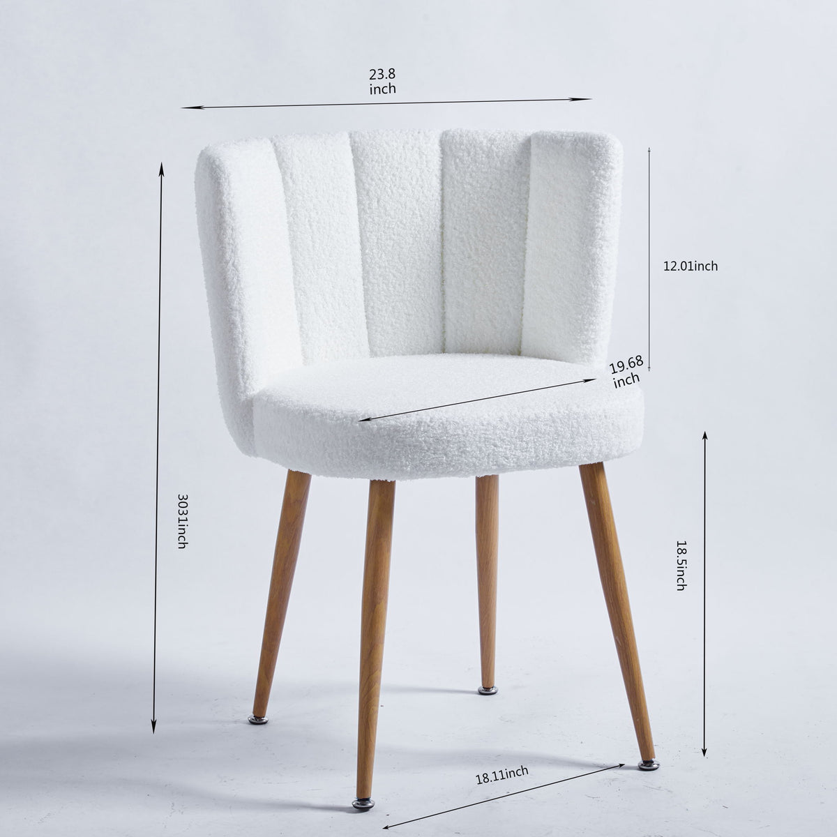 Ergonomic dining chair, white textured upholstery, wood legs; 18.1 in wide