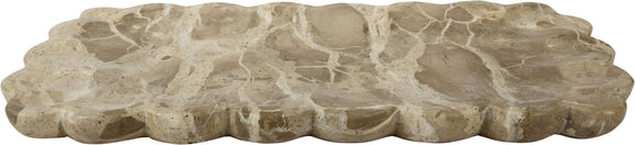 Genuine marble tray with scalloped edge, light beige stone with gray veining